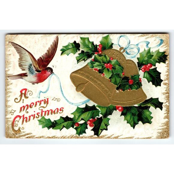 Vintage Embossed Christmas Postcard with Bird & Bells, 1910s - Picture 1 of 2
